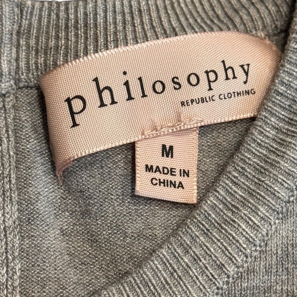 Philosophy Sweater Women Medium Gray Crewneck Back Zipper 3/4 Sleeve Pullover - Picture 3 of 6